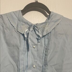 Vintage Light Blue Blouse with Embroidered Collar